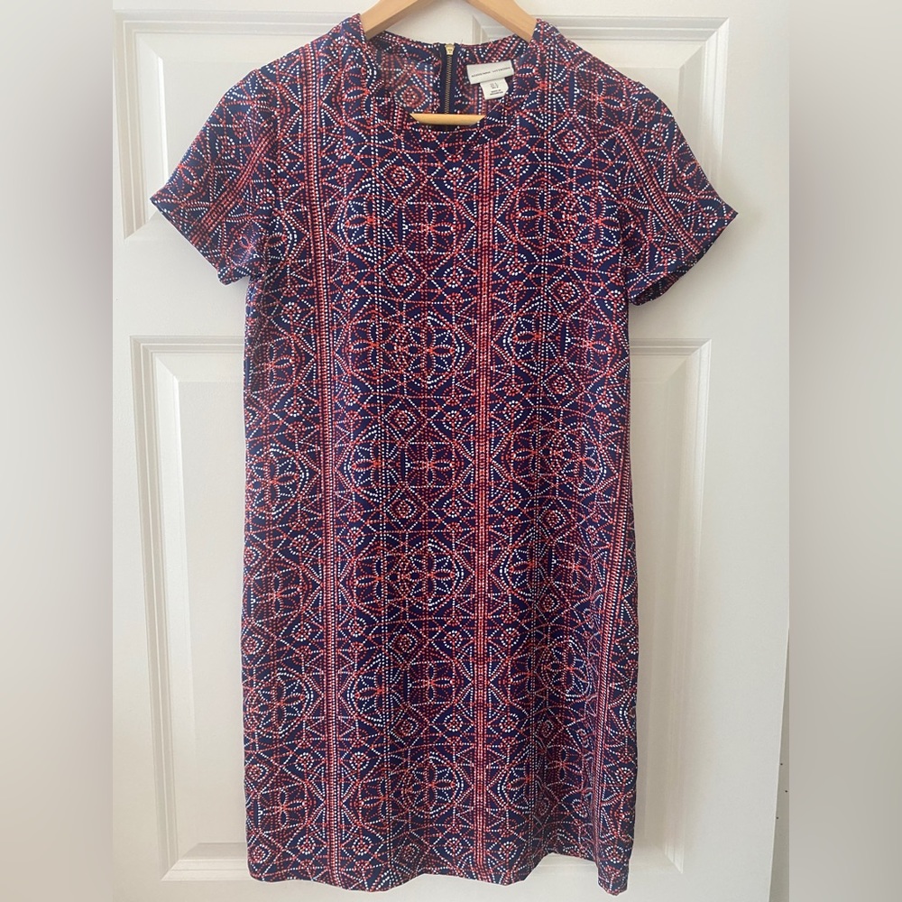 Adrienne Vittadini Mini Shift Dress Size 2 Geometric Print Zip Back Short Sleeve